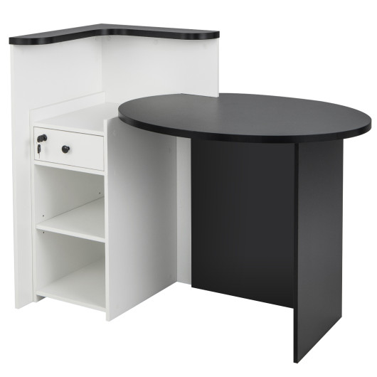 Front Reception Office Desk with Open Shelf and Lockable Drawer-Black & White - Image 2