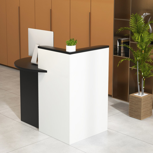 Front Reception Office Desk with Open Shelf and Lockable Drawer-Black & White - Image 3
