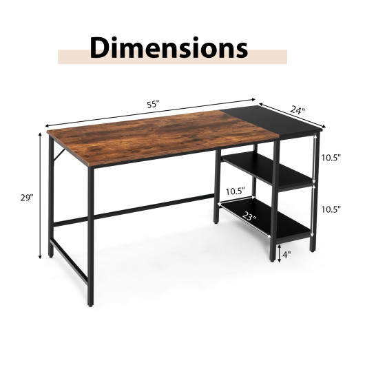 55" Modern Industrial Style Study Writing Desk with 2 Storage Shelves - Image 3
