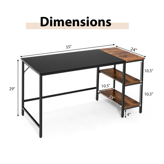 55" Modern Industrial Style Study Writing Desk with 2 Storage Shelves-Black - Image 3