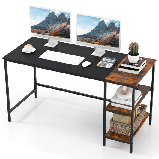 55" Modern Industrial Style Study Writing Desk with 2 Storage Shelves-Black - Image 4