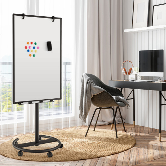 Height-Adjustable Mobile Whiteboard with Round Stand Paper Clips-Black - Image 3