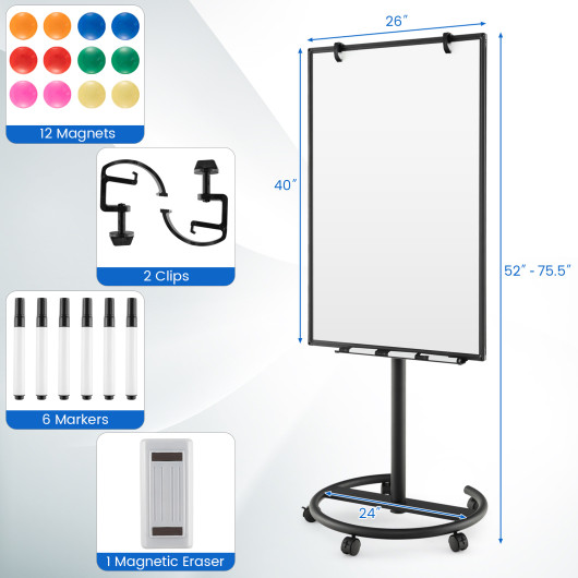 Height-Adjustable Mobile Whiteboard with Round Stand Paper Clips-Black - Image 6