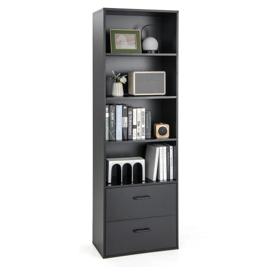 6-Tier Tall Freestanding Bookshelf with 4 Open Shelves and 2 Drawers-Black - Image 2