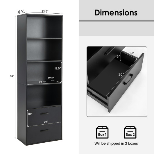 6-Tier Tall Freestanding Bookshelf with 4 Open Shelves and 2 Drawers-Black - Image 6