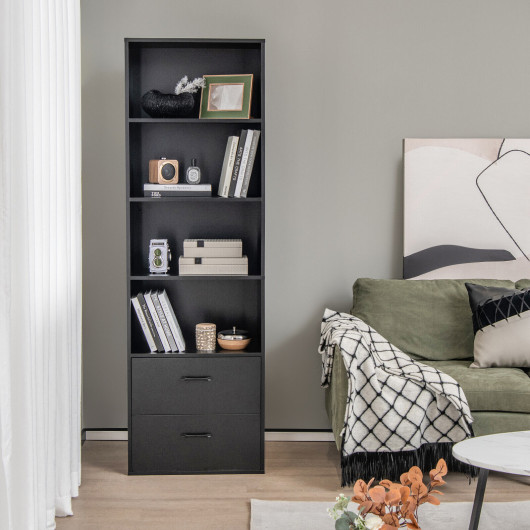 6-Tier Tall Freestanding Bookshelf with 4 Open Shelves and 2 Drawers-Black - Image 5