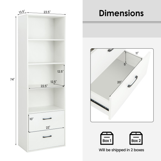 6-Tier Tall Freestanding Bookshelf with 4 Open Shelves and 2 Drawers-White - Image 2