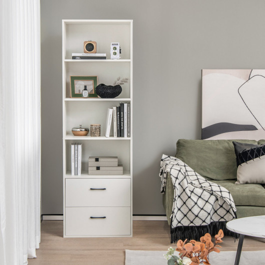 6-Tier Tall Freestanding Bookshelf with 4 Open Shelves and 2 Drawers-White - Image 3