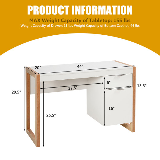 Modern Computer Desk Study Table Writing Workstation with Cabinet and Drawer-White - Image 2