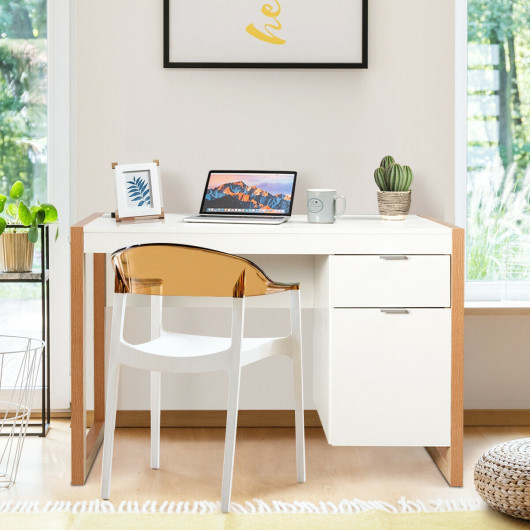 Modern Computer Desk Study Table Writing Workstation with Cabinet and Drawer-White - Image 3