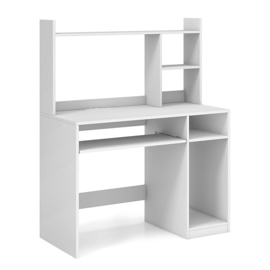 Home Office Computer Desk with Bookcase Keyboard Tray and CPU Stand-White - Image 2