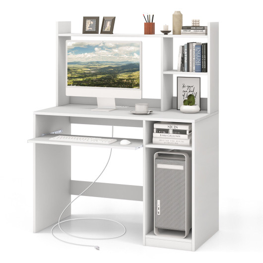 Home Office Computer Desk with Bookcase Keyboard Tray and CPU Stand-White - Image 3
