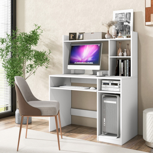 Home Office Computer Desk with Bookcase Keyboard Tray and CPU Stand-White - Image 4