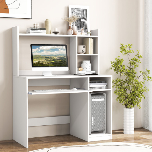 Home Office Computer Desk with Bookcase Keyboard Tray and CPU Stand-White - Image 5