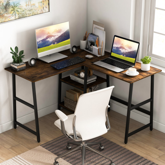 L Shaped Corner Computer Desk with Storage Shelves-Brown - Image 4