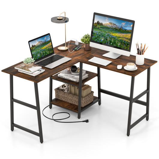 L Shaped Corner Computer Desk with Storage Shelves-Brown - Image 6