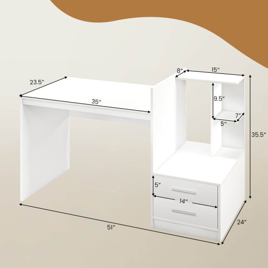 Computer Desk Home Office with Bookshelf and Drawers-White - Image 5