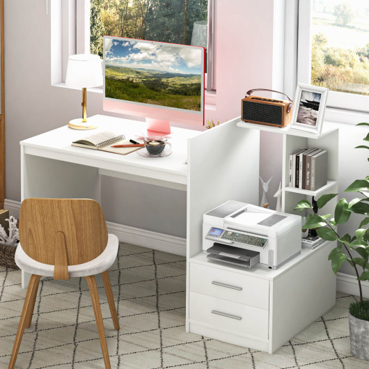 Computer Desk Home Office with Bookshelf and Drawers-White - Image 6