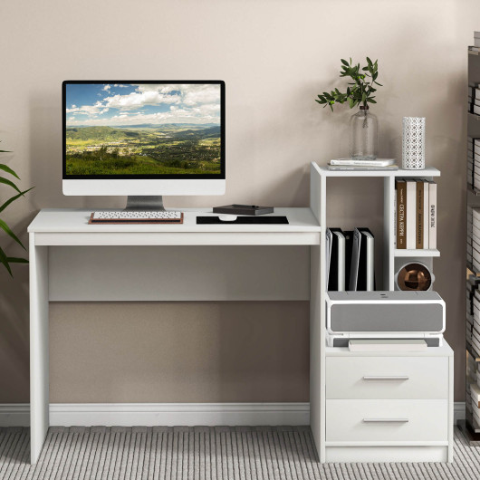 Computer Desk Home Office with Bookshelf and Drawers-White - Image 2