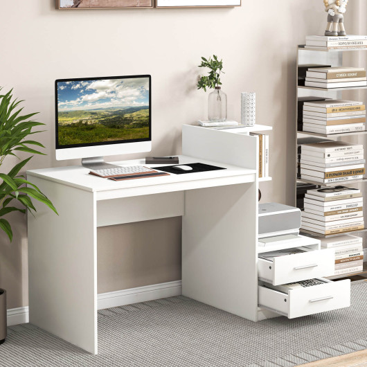 Computer Desk Home Office with Bookshelf and Drawers-White - Image 3