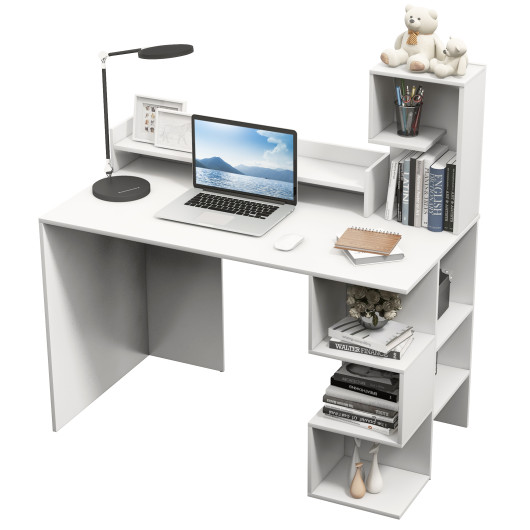 Modern Computer Desk with Storage Bookshelf and Hutch for Home Office-White - Image 2