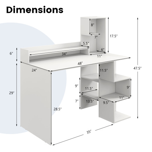 Modern Computer Desk with Storage Bookshelf and Hutch for Home Office-White - Image 3