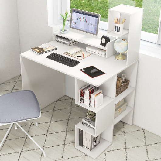 Modern Computer Desk with Storage Bookshelf and Hutch for Home Office-White - Image 4