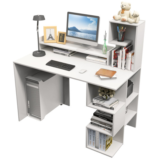 Modern Computer Desk with Storage Bookshelf and Hutch for Home Office-White - Image 6