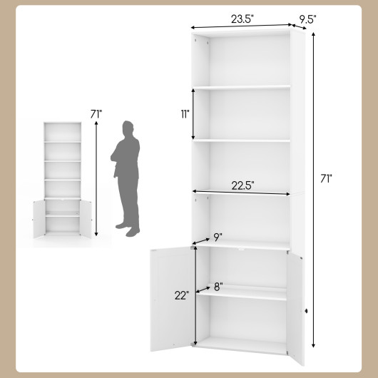 71 Inch Freestanding Bookshelf with 6 Shelves and 2-Door Cabinet-White - Image 2