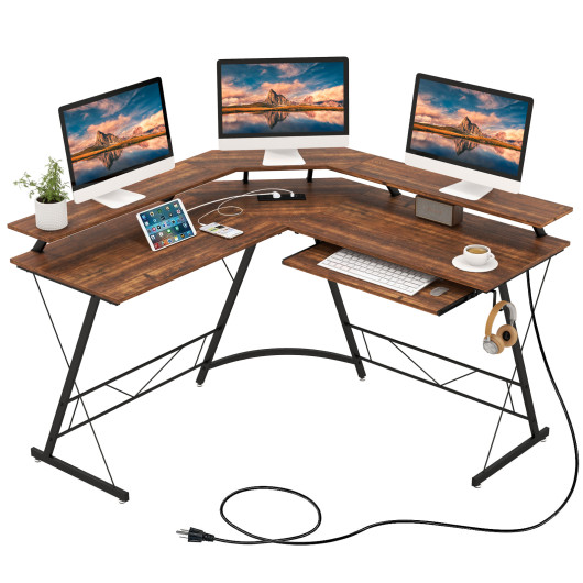 L-shaped Computer Desk with Power Outlet and Monitor Stand-Rustic Brown - Image 6