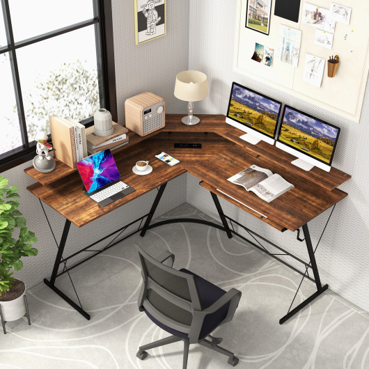 L-shaped Computer Desk with Power Outlet and Monitor Stand-Rustic Brown - Image 2