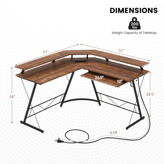 L-shaped Computer Desk with Power Outlet and Monitor Stand-Rustic Brown - Image 3