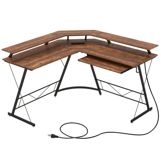 L-shaped Computer Desk with Power Outlet and Monitor Stand-Rustic Brown - Image 4
