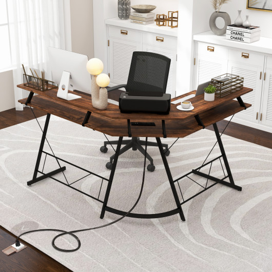 L-shaped Computer Desk with Power Outlet and Monitor Stand-Rustic Brown - Image 5