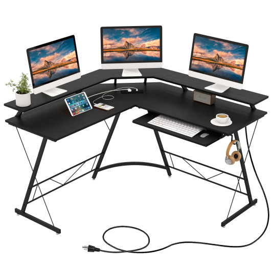 L-shaped Computer Desk with Power Outlet and Monitor Stand-Black - Image 6