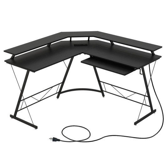 L-shaped Computer Desk with Power Outlet and Monitor Stand-Black - Image 2