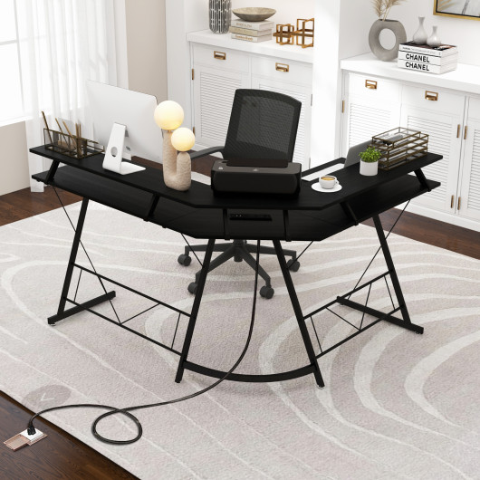 L-shaped Computer Desk with Power Outlet and Monitor Stand-Black - Image 3