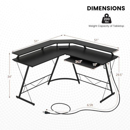 L-shaped Computer Desk with Power Outlet and Monitor Stand-Black - Image 4