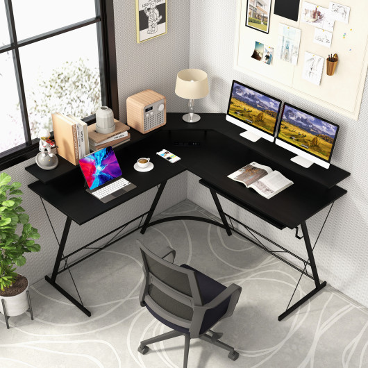 L-shaped Computer Desk with Power Outlet and Monitor Stand-Black - Image 5