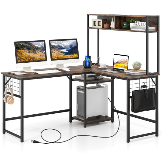 L-shaped Desk with Power Outlet Hutch-Rustic Brown - Image 4