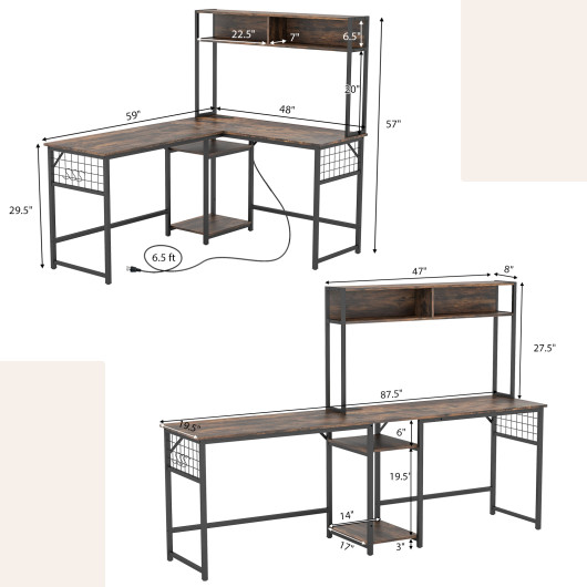 L-shaped Desk with Power Outlet Hutch-Rustic Brown - Image 6