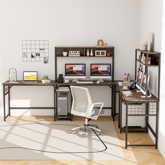 L-shaped Desk with Power Outlet Hutch-Rustic Brown - Image 3