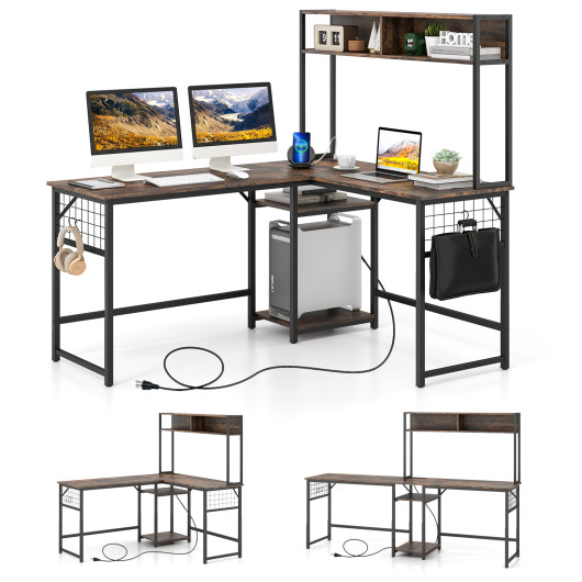 L-shaped Desk with Power Outlet Hutch-Rustic Brown - Image 5