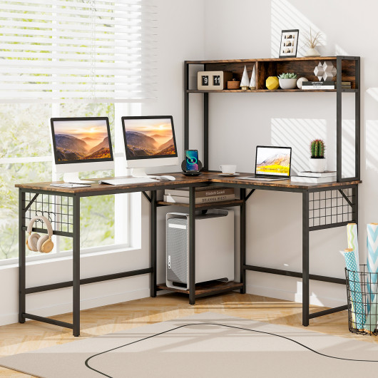 L-shaped Desk with Power Outlet Hutch-Rustic Brown - Image 2