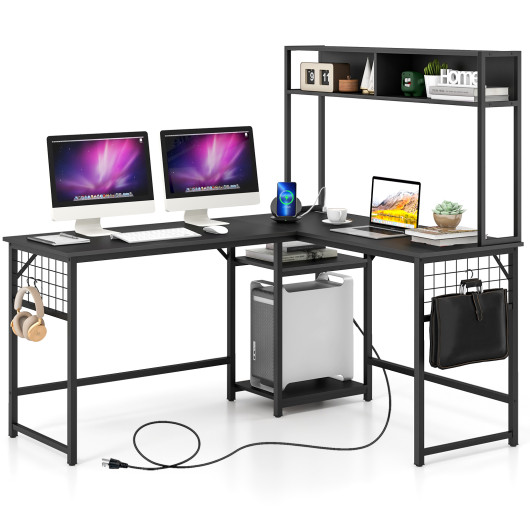L-shaped Desk with Power Outlet Hutch-Black