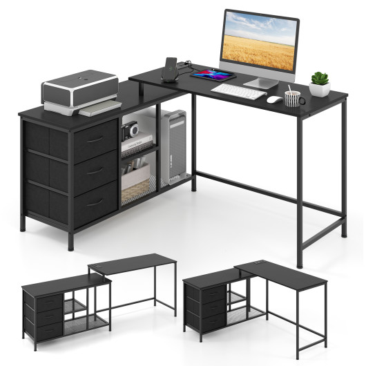 L-shaped Computer Desk with Power Outlet for Working Studying Gaming-Black - Image 4