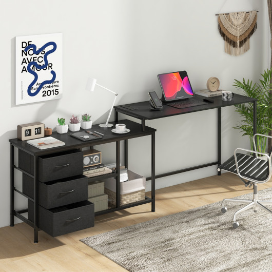 L-shaped Computer Desk with Power Outlet for Working Studying Gaming-Black - Image 2