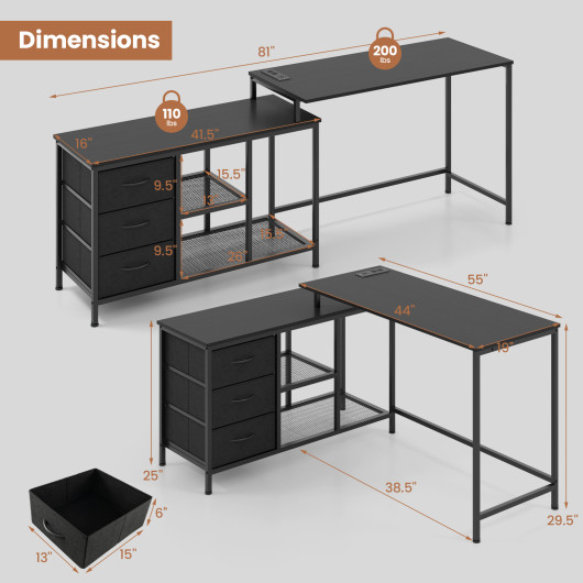 L-shaped Computer Desk with Power Outlet for Working Studying Gaming-Black - Image 3