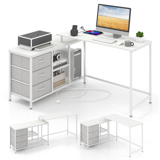 L-shaped Computer Desk with Power Outlet for Working Studying Gaming-White - Image 3