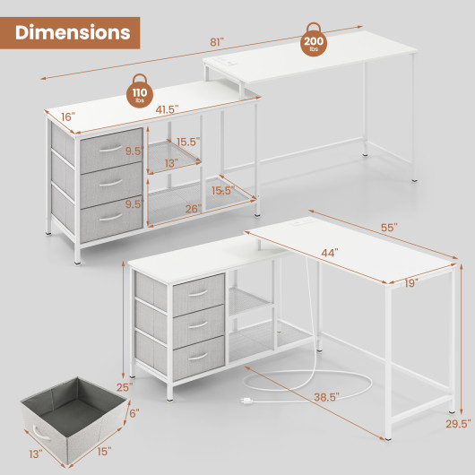 L-shaped Computer Desk with Power Outlet for Working Studying Gaming-White - Image 2